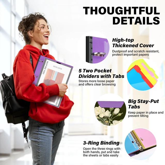 Alt view image 3 of 6 - Telescoping Project Organizer, 1 Inch 3 Ring Binder, Purple Clear Front Pocket / Tabbed Catalog Pocket / 5-Tab Pocket Dividers / 1 Plastic Binder Pocket