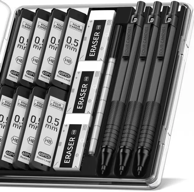 Main image of Metal Mechanical Pencil Set with Case, 0.5mm, 3PCS, Black 480PCS HB Lead Refills, 3 Erasers+9 Eraser Refills, Anti Grip, for Drafting, Engineering, Technical Drawing, Art Projects