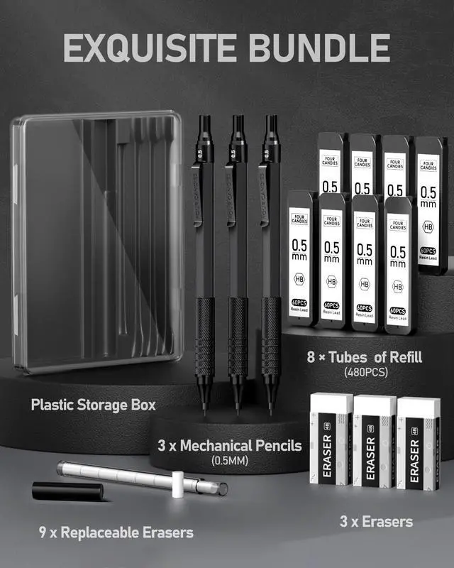 Alt view image 4 of 7 - Metal Mechanical Pencil Set with Case, 0.5mm, 3PCS, Black 480PCS HB Lead Refills, 3 Erasers+9 Eraser Refills, Anti Grip, for Drafting, Engineering, Technical Drawing, Art Projects
