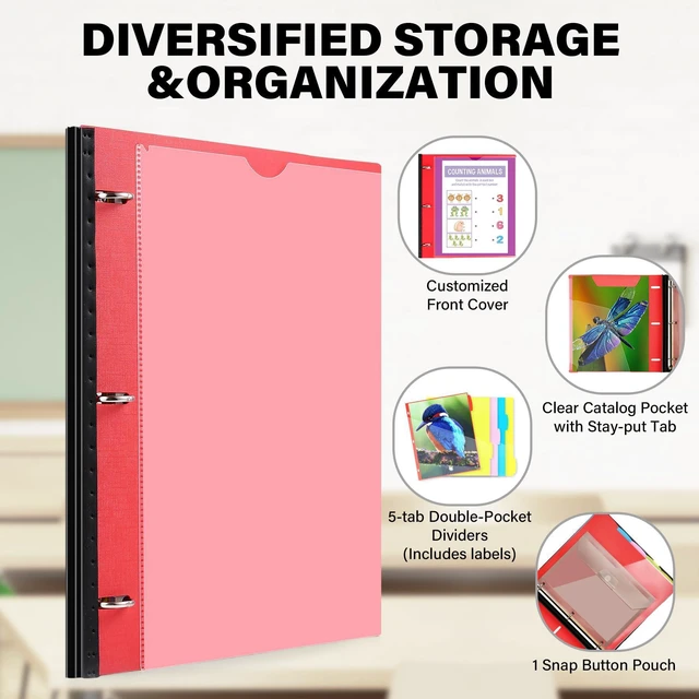 Alt view image 4 of 7 - 2-Pack Telescoping Project Organizer, 1 Inch 3 Ring Binder, Red Clear Front Pocket / Tabbed Catalog Pocket / 5-Tab Pocket Dividers / 1 Plastic Pocket in Each Binder