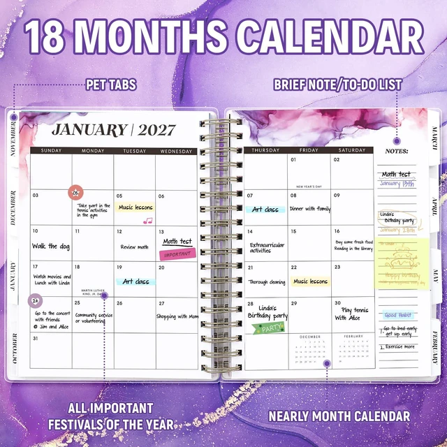 Alt view image 4 of 7 - Planner 2026-2027, 18 Months Academic Daily Weekly Monthly Calendar Planner July 2026 - Dec 2027, 7.9" x 9.8", Agenda Organizer Book with Tabs, Inner Pocket, Bookmark, Stickers, Sticky Note Set