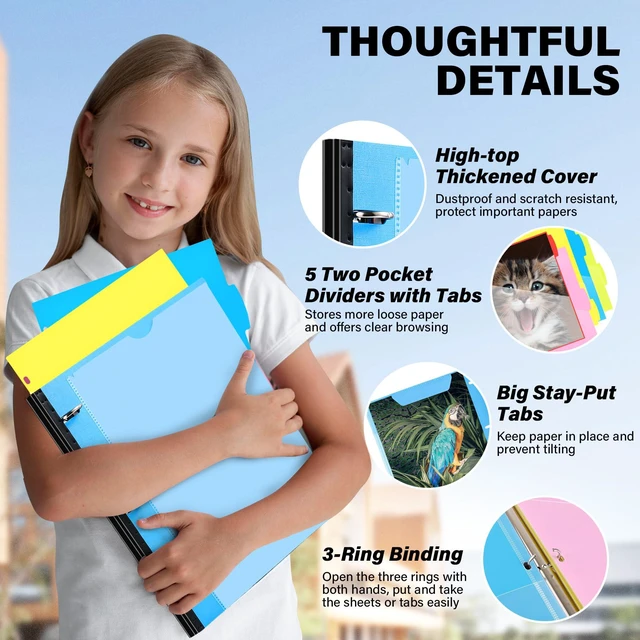 Alt view image 3 of 7 - 2-Pack Telescoping Project Organizer, 1 Inch 3 Ring Binder, Blue Includes Customizable Cover / Tabbed Catalog Pocket / 5-Tab Pocket Dividers / 1 Plastic Pocket in Each Binder