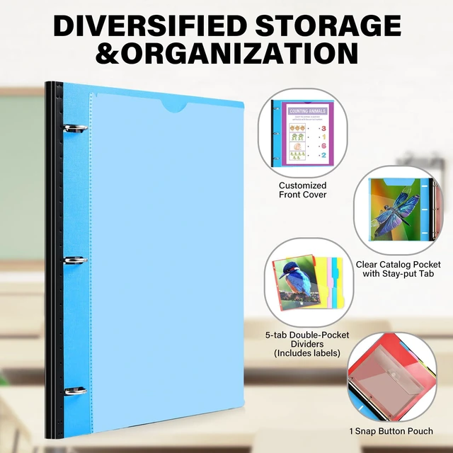 Alt view image 4 of 7 - 2-Pack Telescoping Project Organizer, 1 Inch 3 Ring Binder, Blue Includes Customizable Cover / Tabbed Catalog Pocket / 5-Tab Pocket Dividers / 1 Plastic Pocket in Each Binder