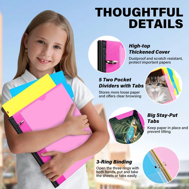 Alt view image 3 of 7 - Telescoping Project Organizer 2-Pack, Pink Clear Front Pocket / Tabbed Catalog Pocket / 5-Tab Pocket Dividers / 1 Plastic Pocket in Each Binder