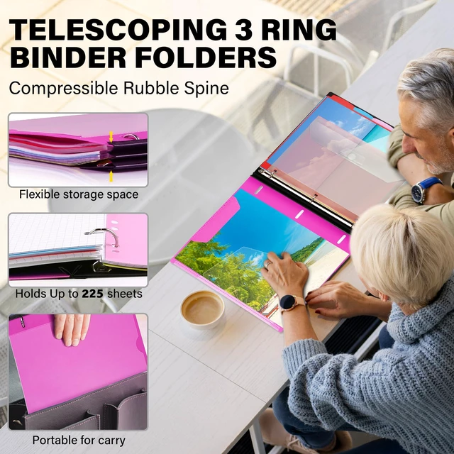 Alt view image 2 of 7 - Telescoping Project Organizer 2-Pack, Pink Clear Front Pocket / Tabbed Catalog Pocket / 5-Tab Pocket Dividers / 1 Plastic Pocket in Each Binder