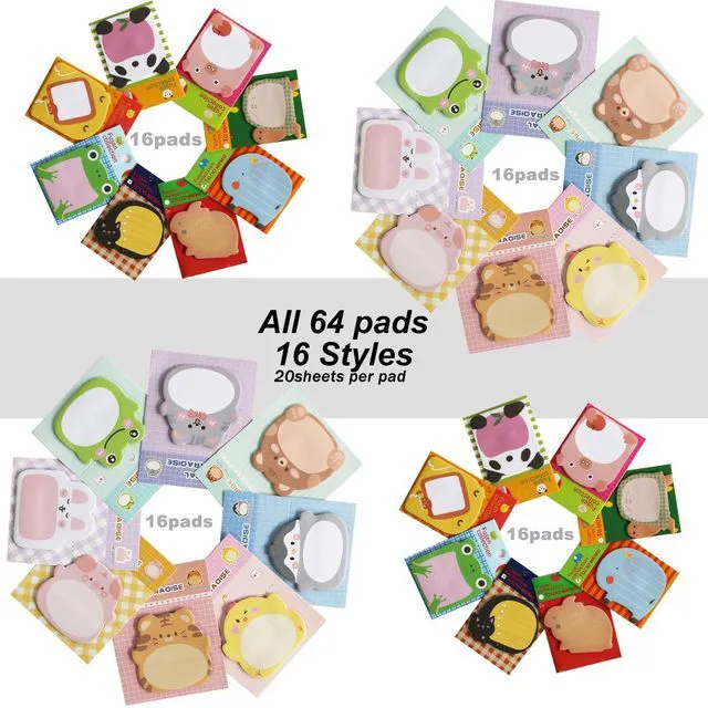 Alt view image 3 of 7 - 64 Pads Cute Sticky Notes, Animal Sticky Notes Self Adhesive Cartoon Notes Memo Pads Notes Page School Tab for School Office Supplies