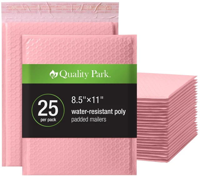 Main image of Bubble Mailers, 8.5 x 11, Light Pink Poly Mailers, Padded Envelopes, Shipping Bags, Water Resistant, Self Seal, 25 Per Box (QUA85908)