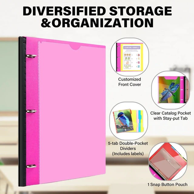 Alt view image 4 of 7 - Telescoping Project Organizer 2-Pack, Pink Clear Front Pocket / Tabbed Catalog Pocket / 5-Tab Pocket Dividers / 1 Plastic Pocket in Each Binder