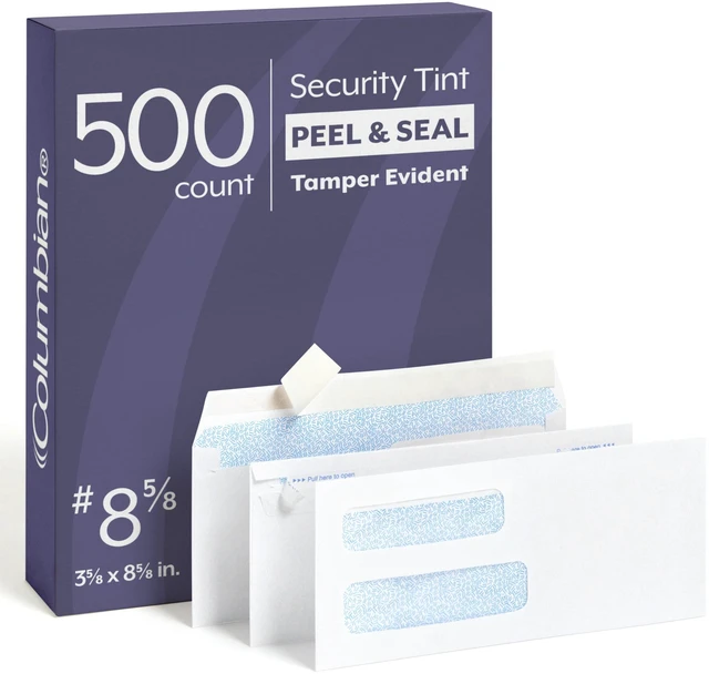 Main image of #8-5/8 Security Envelopes, 500 Pack, Double Window Self Seal Envelopes for QuickBooks Checks and Business Mailings, Tamper Evident, 3-5/8" x 8-5/8", Durable 24 lb White Paper