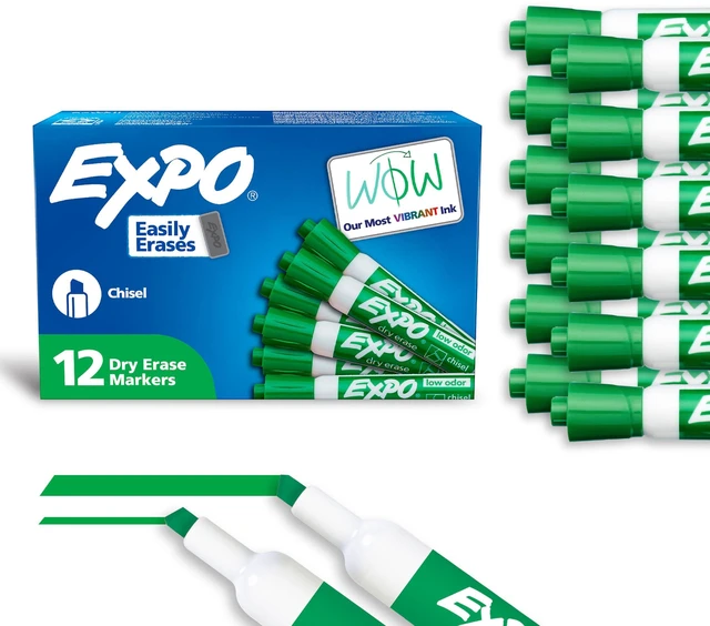Main image of Dry Erase Markers, Low Odor Ink, Green, Chisel Tip, 12 Count - Whiteboard, Calendar, Organization, Essential Supplies for Office, School, Classroom, Teachers
