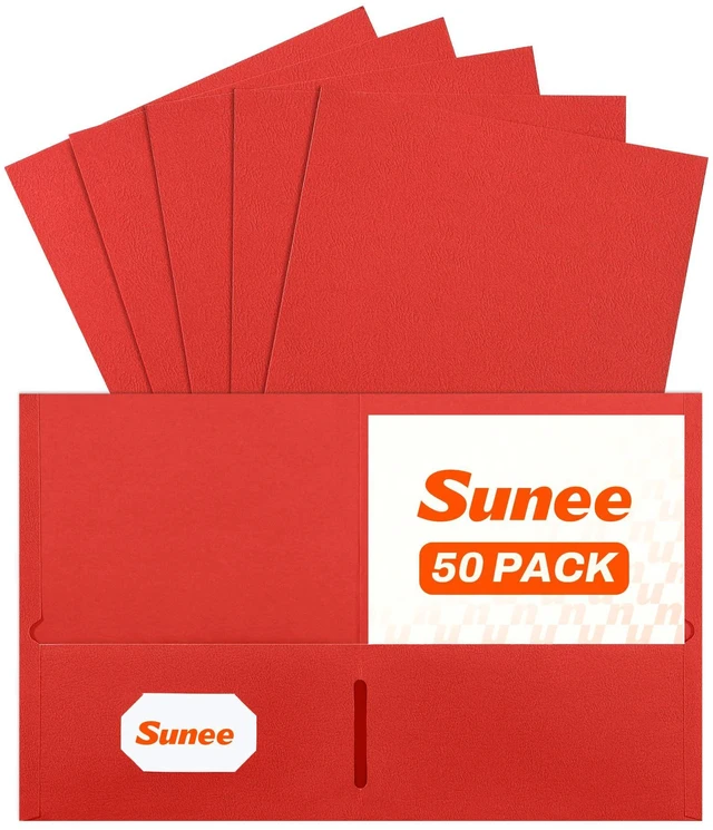 Main image of Two Pocket Folders, 50 Pack File Folders with Business Card Slot, Textured Paper, Fit Letter Size Paper, Paper File Folder for School Office Home Business, Red