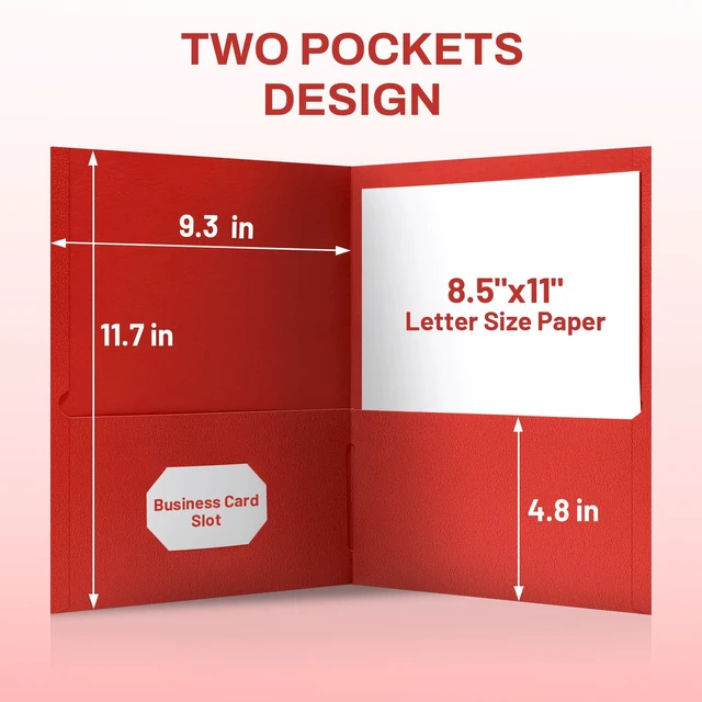 Alt view image 4 of 7 - Two Pocket Folders, 50 Pack File Folders with Business Card Slot, Textured Paper, Fit Letter Size Paper, Paper File Folder for School Office Home Business, Red