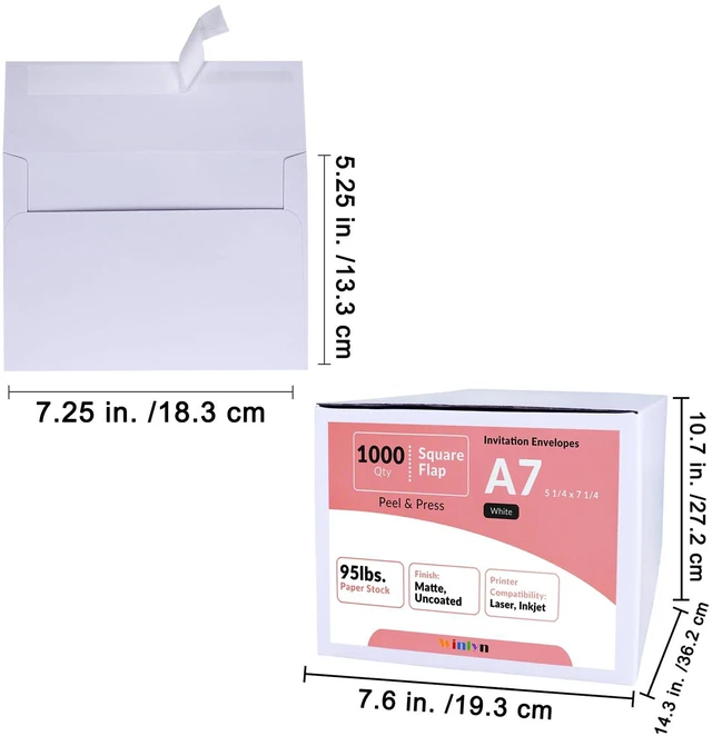 Alt view image 4 of 6 - 1000 Pcs White A7 Invitation Envelopes 5 1/4 x 7 1/4 Square Flap Envelopes Self Seal 95lb for Wedding Shower Birthday Bussiness Mailing Invitation Announcement 5 x 7 Greeting Cards Photos