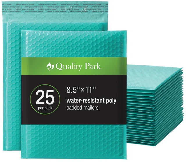 Main image of Bubble Mailers, 8.5 x 11 Shipping Envelopes, Water Resistant Teal Poly Padded Envelopes, Redi-Strip Peel Off Closure, 25 Per Box (QUA85860)