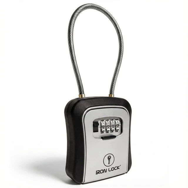 Main image of ® Medium Key Lock Box with Code, 15-in Steel Cable Shackle (Grey) Built-in key hooks + catch tray; hangs on handles, gates, fences or a hasp; wall-mountable; dial cover; no batteries