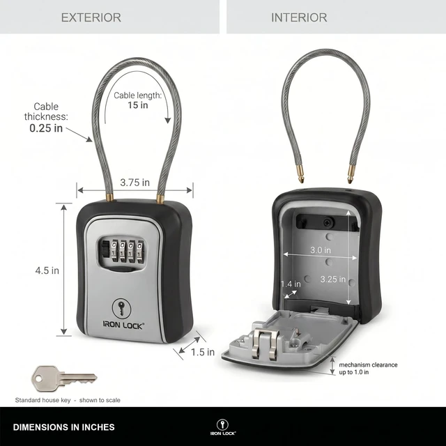 Alt view image 3 of 7 - ® Medium Key Lock Box with Code, 15-in Steel Cable Shackle (Grey) Built-in key hooks + catch tray; hangs on handles, gates, fences or a hasp; wall-mountable; dial cover; no batteries