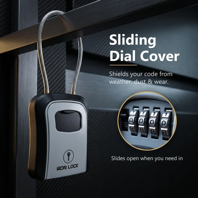 Alt view image 4 of 7 - ® Medium Key Lock Box with Code, 15-in Steel Cable Shackle (Grey) Built-in key hooks + catch tray; hangs on handles, gates, fences or a hasp; wall-mountable; dial cover; no batteries