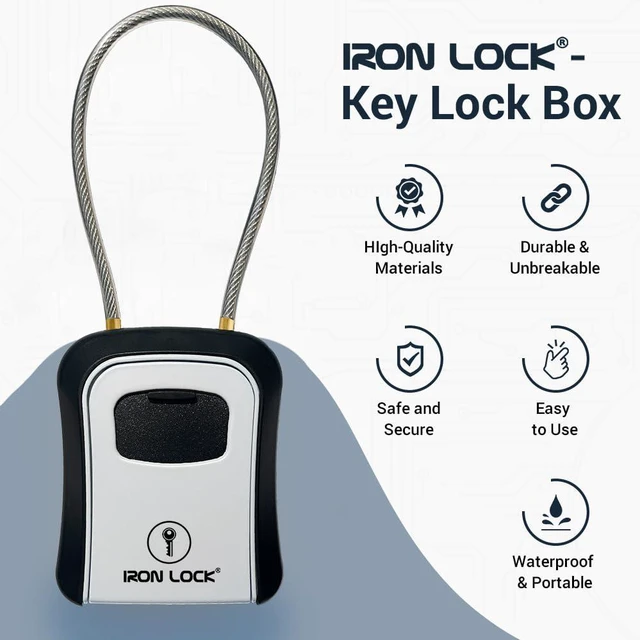 Alt view image 7 of 7 - ® Medium Key Lock Box with Code, 15-in Steel Cable Shackle (Grey) Built-in key hooks + catch tray; hangs on handles, gates, fences or a hasp; wall-mountable; dial cover; no batteries