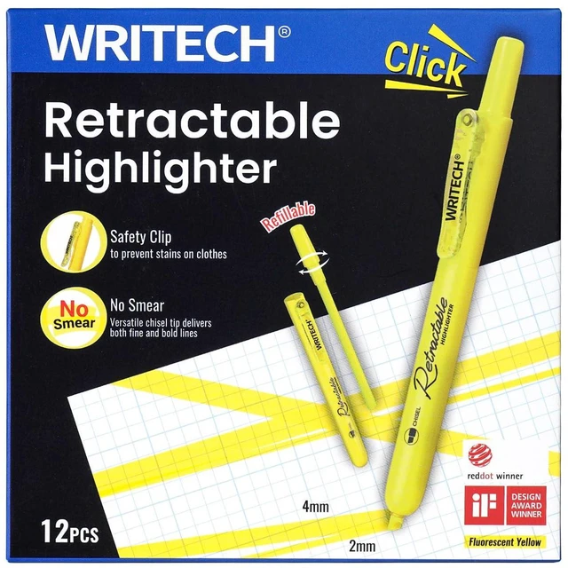 Main image of Retractable Highlighters Chisel Tip: 12ct Fluorescent Yellow Ink Refillable Marker Pens No Bleed & Smear for Home School Office Highlighting Journaling Drawing Coloring Note-taking Writing