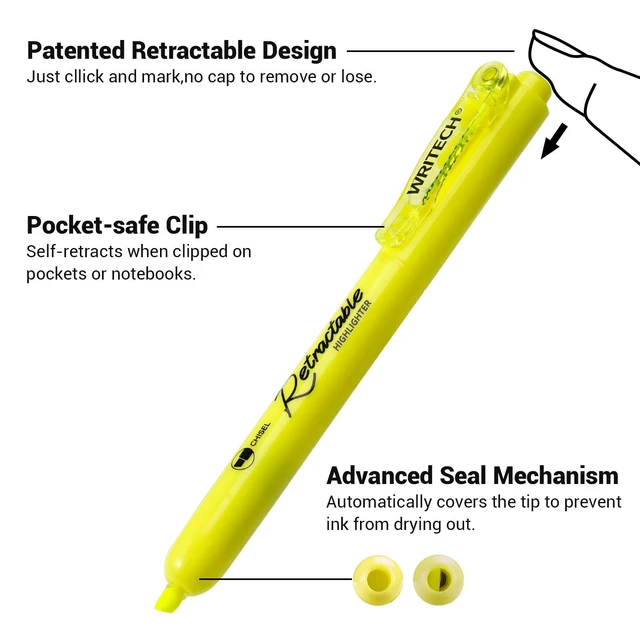 Alt view image 3 of 7 - Retractable Highlighters Chisel Tip: 12ct Fluorescent Yellow Ink Refillable Marker Pens No Bleed & Smear for Home School Office Highlighting Journaling Drawing Coloring Note-taking Writing