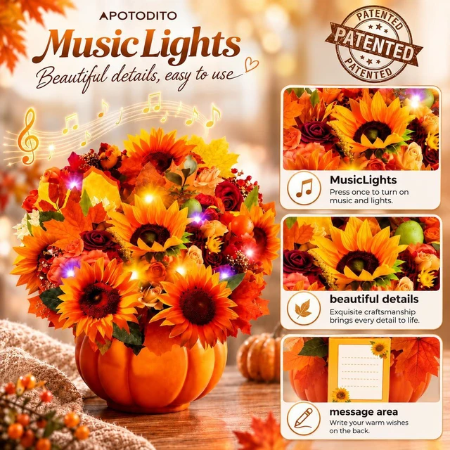 Alt view image 3 of 5 - Thanksgiving Cards, Pop Up Fall Sunflower Bouquet with Music and Light, Thanksgving Gifts Sunflower Gifts for Mom, Women, Wife, Sister