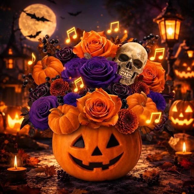 Main image of Halloween Bouquet Card with Music and Lights, Halloween Card with Skeleton, Halloween Gifts for Men, Women, Spooky Musical Greeting Card