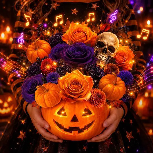 Alt view image 6 of 6 - Halloween Bouquet Card with Music and Lights, Halloween Card with Skeleton, Halloween Gifts for Men, Women, Spooky Musical Greeting Card