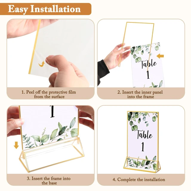 Alt view image 3 of 5 - 6 Pack 4x6 Inch Clear Acrylic Sign Holders, Double-Sided Gold Display Stand Picture Frames for Table Numbers, Menus, Flyers, Weddings, and Offices