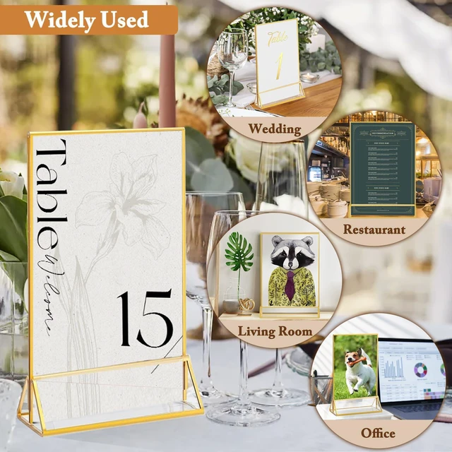 Alt view image 5 of 5 - 6 Pack 4x6 Inch Clear Acrylic Sign Holders, Double-Sided Gold Display Stand Picture Frames for Table Numbers, Menus, Flyers, Weddings, and Offices