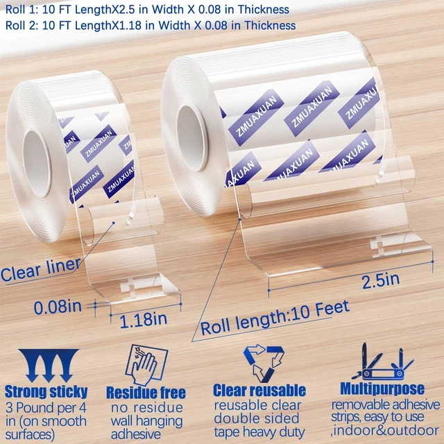 Alt view image 2 of 7 - Double Sided Tape Heavy Duty, Clear Wall Mounting Tape, Picture Hanging Adhesive Strips Removable, Strong Poster Glue Adhesive Tape, Nano Tape Sticky Tack for Carpet, Hangers, Frame, 2 Pack Extra Wide
