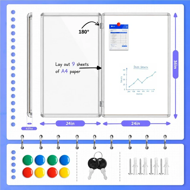 Alt view image 3 of 6 - 36"x24" Enclosed Bulletin Board Tamper-Proof Dispaly Case, Aluminium Frame, Magentic Whiteboard, Shatter Resistant Lockable Bulletin Board, Enclosed Cork Board for School, Office, Hospital etc