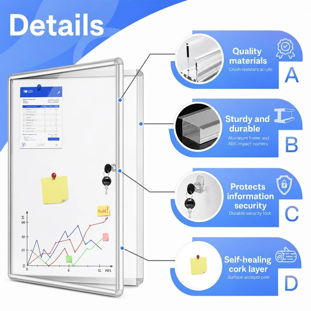 Alt view image 4 of 6 - 36"x24" Enclosed Bulletin Board Tamper-Proof Dispaly Case, Aluminium Frame, Magentic Whiteboard, Shatter Resistant Lockable Bulletin Board, Enclosed Cork Board for School, Office, Hospital etc