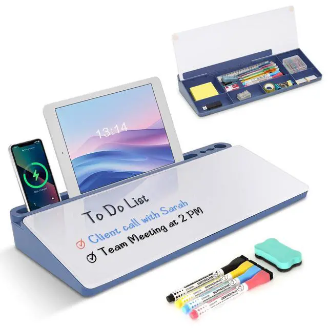 Main image of Desktop Glass Whiteboard with Storage, Desk Dry Erase White Board Blue Computer Keyboard Stand, Office Desk Organizers and Accessories with Drawer, To Do Memo Notepad, Home School Supplies