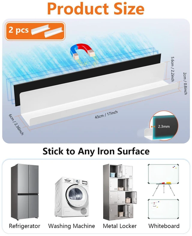 Alt view image 3 of 7 - 2-Pack Magnetic Book Shelf for Whiteboard - 17 Inch Reusable Metal Magnetic Shelves, Holds 12.5 lbs, Back to School Supplies for Classroom, Walls & Home Decor - White