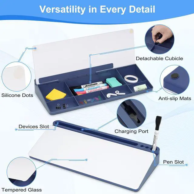 Alt view image 7 of 7 - Desktop Glass Whiteboard with Storage, Desk Dry Erase White Board Blue Computer Keyboard Stand, Office Desk Organizers and Accessories with Drawer, To Do Memo Notepad, Home School Supplies
