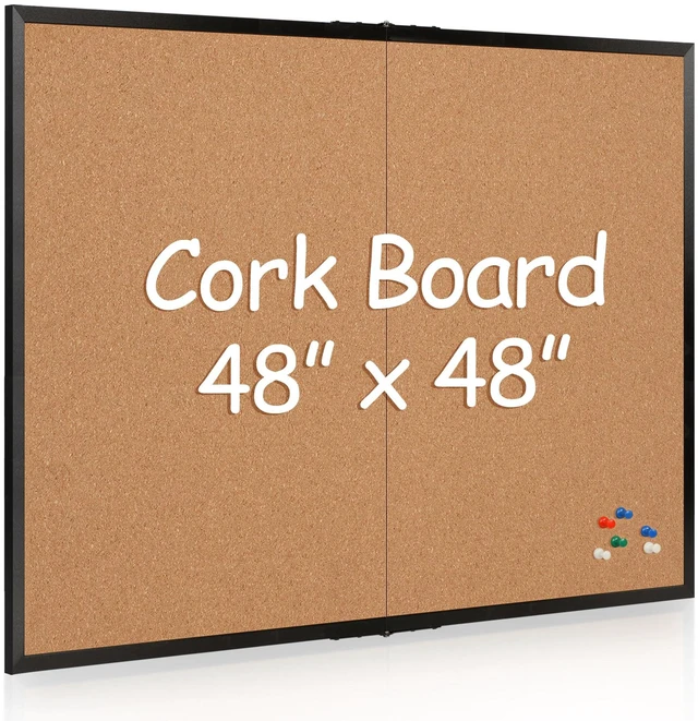 Main image of Extra Large Cork Bulletin Board 48" X 48", Foldable Notice Pin Board for Wall, Black Wood Framed 4'x4' Corkboard, Wall Mounted Noticeboard with 32 Push Pins for School, Home & Office