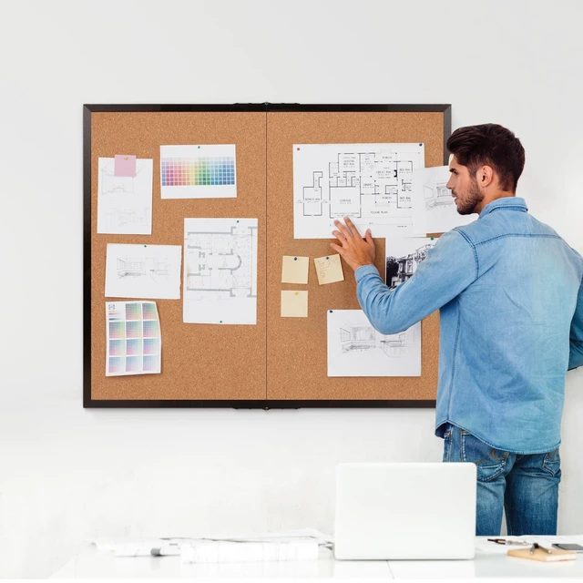Alt view image 2 of 7 - Extra Large Cork Bulletin Board 48" X 48", Foldable Notice Pin Board for Wall, Black Wood Framed 4'x4' Corkboard, Wall Mounted Noticeboard with 32 Push Pins for School, Home & Office