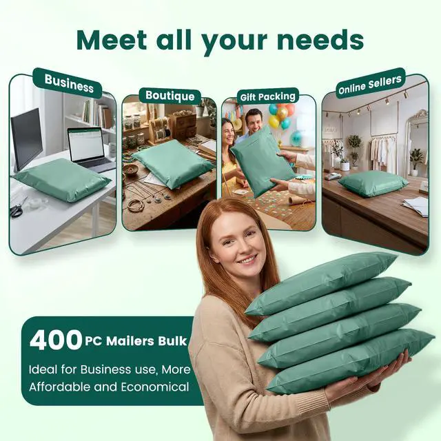 Alt view image 6 of 7 - Bulk Poly Mailers 14.5x19 400 Pack, Self Seal Large Shipping Bags Heavy Duty Thick Waterproof Tear-resistant Mailing Envelopes, Packaging Bags for Clothing, Small Business, Grayed Jade Green