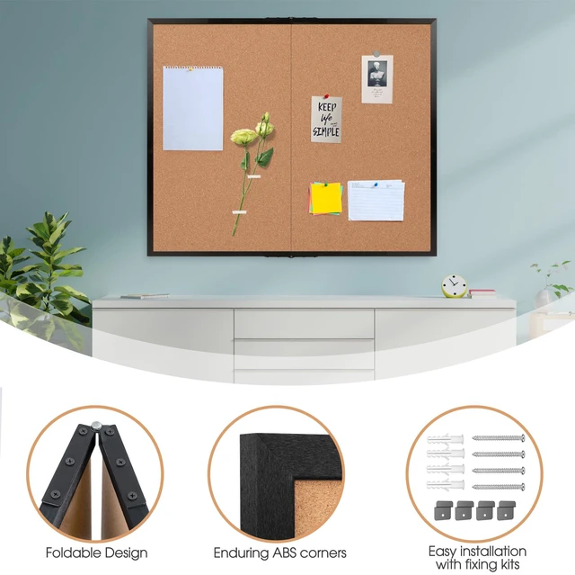 Alt view image 5 of 7 - Extra Large Cork Bulletin Board 48" X 48", Foldable Notice Pin Board for Wall, Black Wood Framed 4'x4' Corkboard, Wall Mounted Noticeboard with 32 Push Pins for School, Home & Office