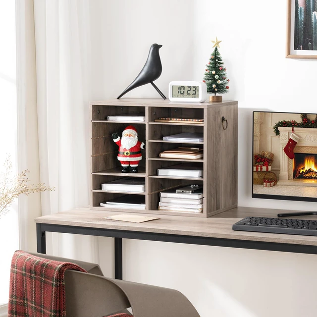 Alt view image 3 of 7 - Literature Organizers, 12 Compartments Office Mailbox with Adjustable Shelves, Wood Countertop Literature Sorter for Office, Home, Classroom, Mailrooms Organization Greige BG12WF01