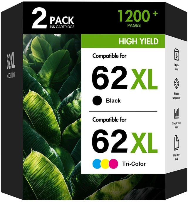 Main image of 62XL 62 XL Black and Color Ink Cartridges Combo Pack for HP 7640 Printers Replacement for HP62 62 XL Ink for HP Envy 7640 5660 7645 7640 5740 OfficeJet 250 Printer (2-Pack, Black/Tricolor)