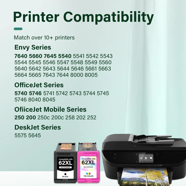 Alt view image 2 of 7 - 62XL 62 XL Black and Color Ink Cartridges Combo Pack for HP 7640 Printers Replacement for HP62 62 XL Ink for HP Envy 7640 5660 7645 7640 5740 OfficeJet 250 Printer (2-Pack, Black/Tricolor)