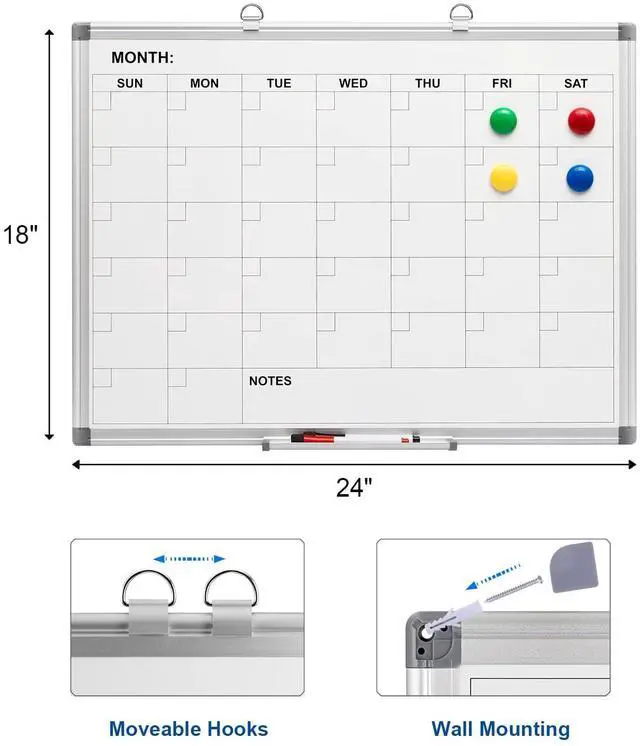Alt view image 2 of 6 - Magnetic Monthly Calendar Whiteboard, 24 x 18 Inches Wall Planner Magnetic dry erase monthly calendar, wall mounted, Aluminum Frame, great for scheduling at home, kitchen, office and school