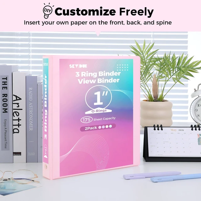 Alt view image 4 of 7 - 3 Ring Binder 2 Pack, 1 Inch Clear View Binders with 2 Interior PocketsFit 8.5x11 Inches, Round Ring Binder for Office & School Supplies Organize, Pink