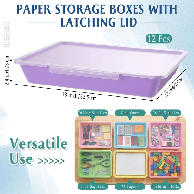 Alt view image 2 of 6 - 12 Pcs Classroom Paper Storage Bins with Clear Latching Lids Labels, Letter Size Stackable Flat Trays Container Paper Organizer for Teacher Back to School Office Arts Crafts (Macaron,13x10in)