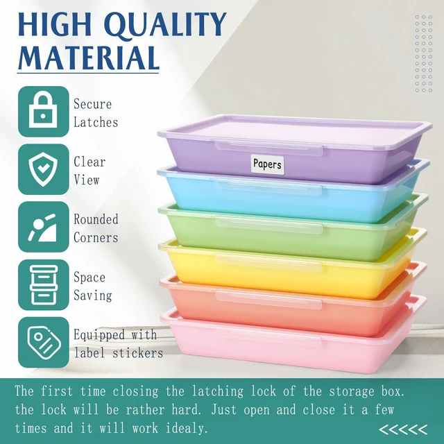 Alt view image 3 of 6 - 12 Pcs Classroom Paper Storage Bins with Clear Latching Lids Labels, Letter Size Stackable Flat Trays Container Paper Organizer for Teacher Back to School Office Arts Crafts (Macaron,13x10in)