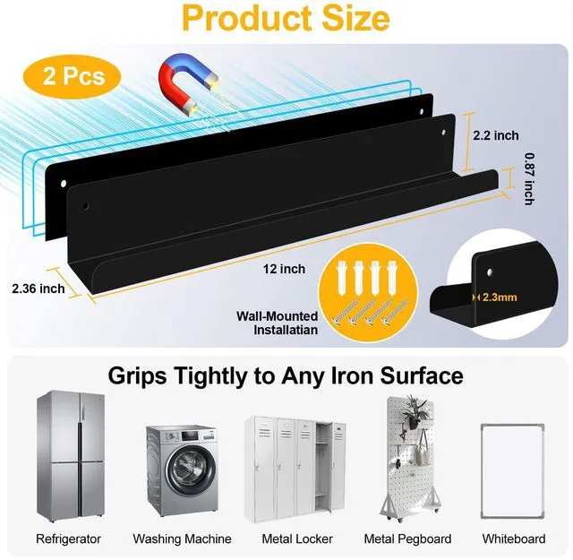 Alt view image 2 of 7 - 2-Pack Magnetic Book Shelf for Whiteboard - 12-Inch Reusable Metal Shelves, Hold Up to 9.5 lbs, Ideal for Classroom Furniture, Walls, and Home Decor, Black