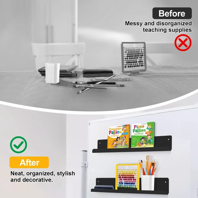 Alt view image 5 of 7 - 2-Pack Magnetic Book Shelf for Whiteboard - 12-Inch Reusable Metal Shelves, Hold Up to 9.5 lbs, Ideal for Classroom Furniture, Walls, and Home Decor, Black