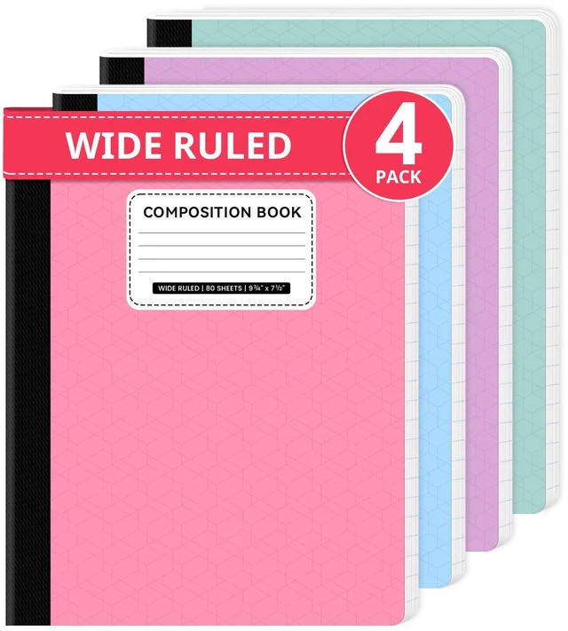 Main image of Wide Ruled Composition Notebook 4 Pack School Supplies, 160 Pages Aesthetic Composition Book, 9-3/4" x 7-1/2", 160 Pages (80 Sheets), Perfect for School Office Supplies, Pastel Colors