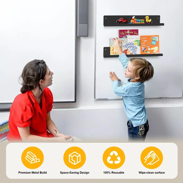 Alt view image 4 of 7 - 2-Pack Magnetic Book Shelf for Whiteboard - 12-Inch Reusable Metal Shelves, Hold Up to 9.5 lbs, Ideal for Classroom Furniture, Walls, and Home Decor, Black